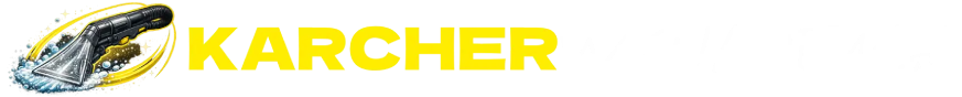 Logo firmy Karcher z pomarańczowo-żółtym tekstem i ikoną odkurzacza piorącego z bąbelkami.